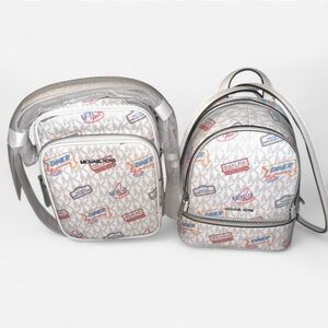 Two Michael Kors White Jet Set Crossbody Bags with Retro Print